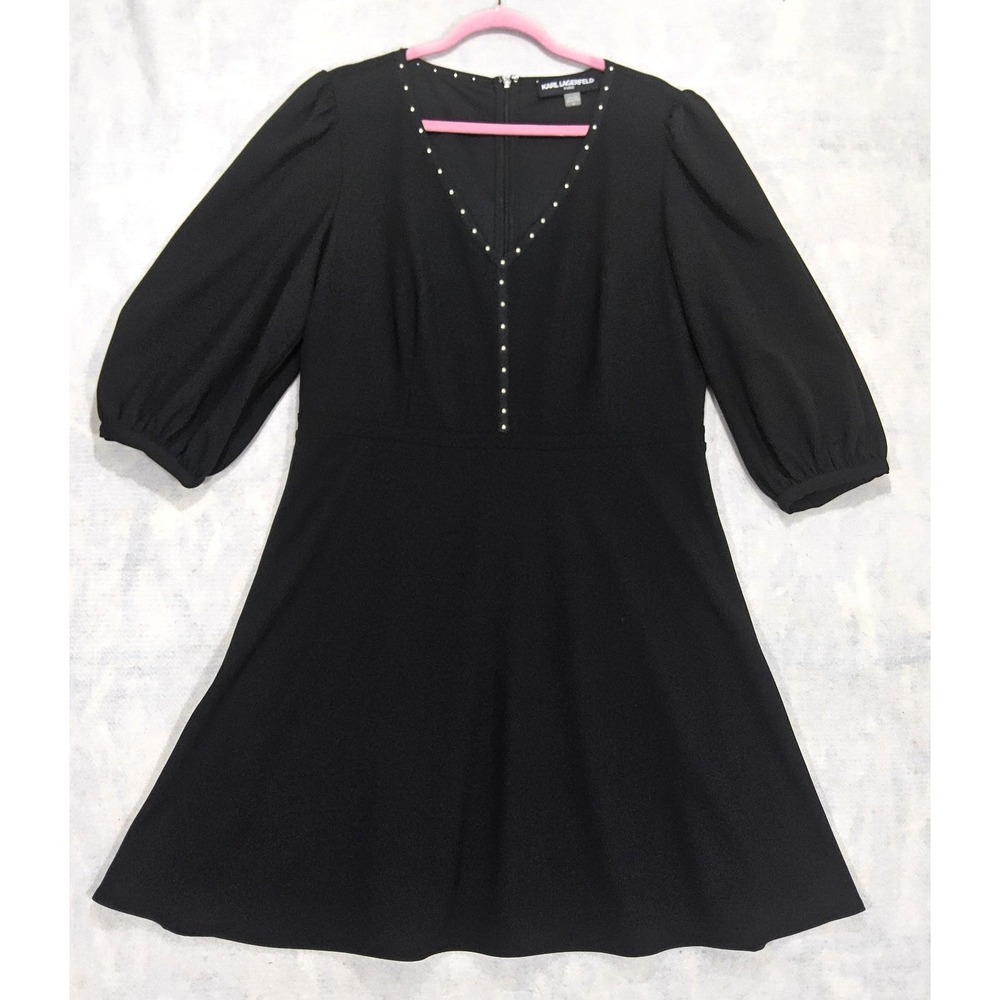 Karl Lagerfeld Dress 14 Studs Black Fit & Flare A-Line Silhouette Balloon Sleeve